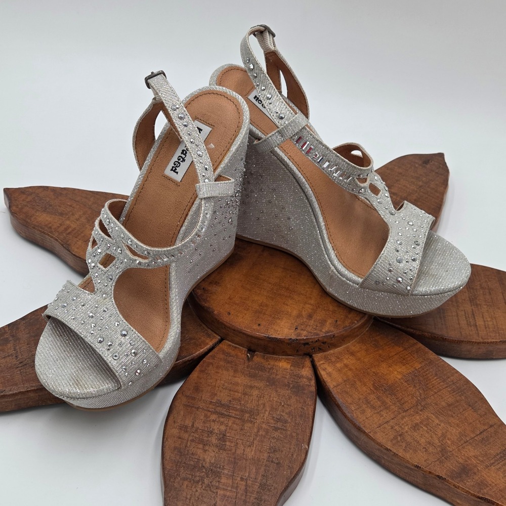Not Rated Women 7.5 Wedge Sandals Silver Rhinestone Formal Dance Homecoming